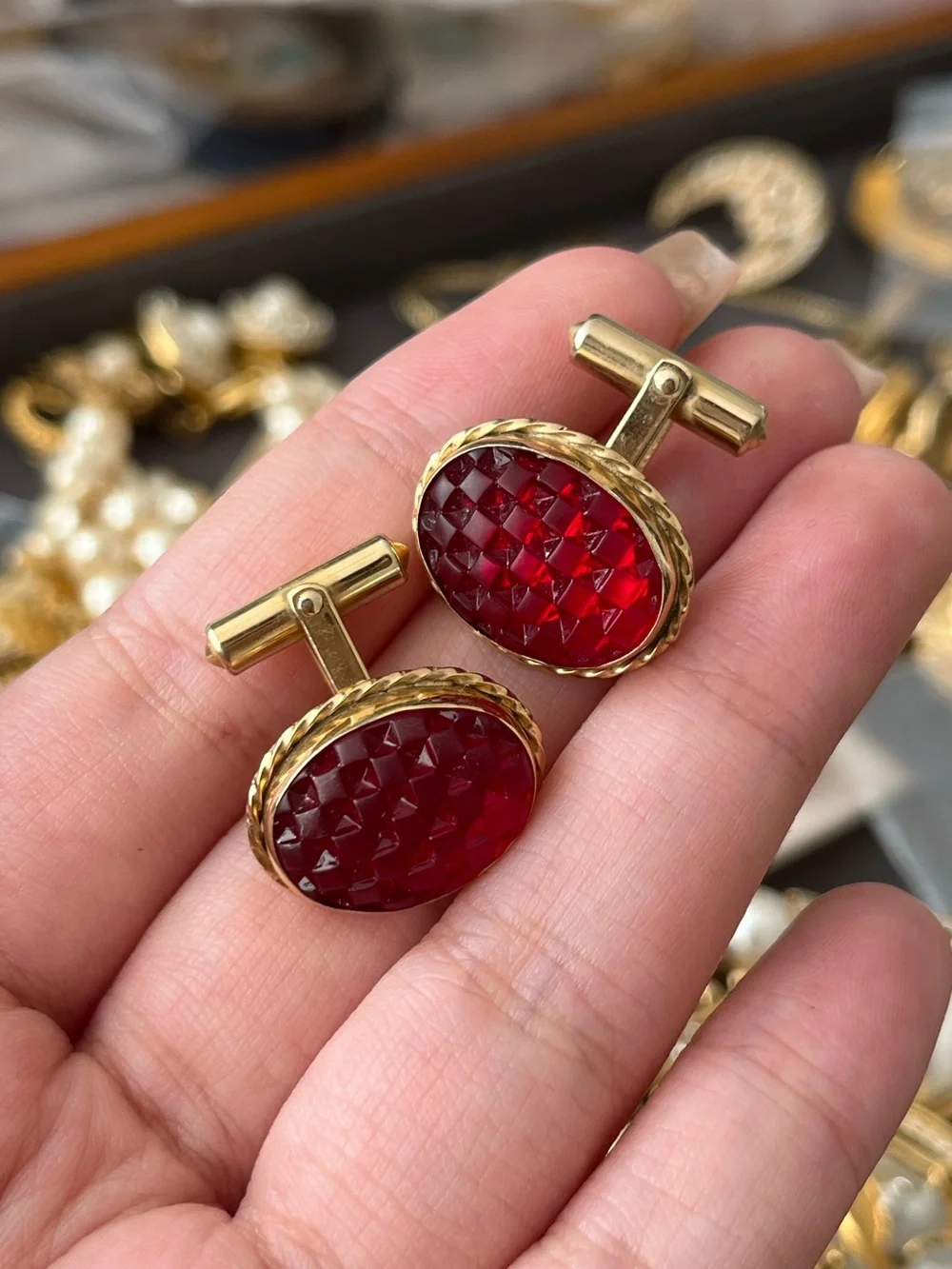 Authentic Vintage Oval Red Checkered Glass Cabochon Braided Gold Cuff Links